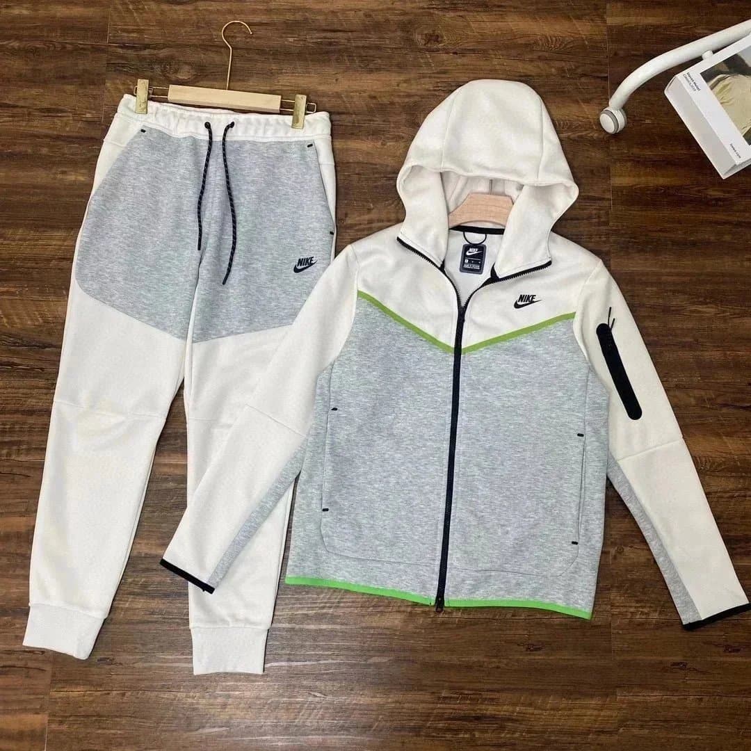 Nike Tech Fleece Hoodie and Joggers Heather Grey/White/Lime Green