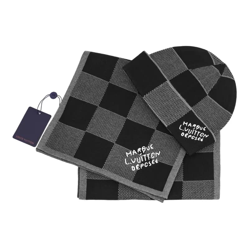 Louis Vuitton Checkered Scarf and Beanie Set Monogram Chessboard