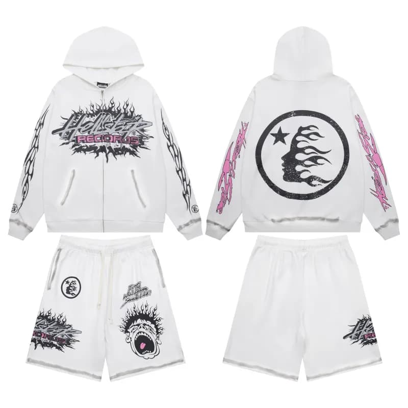 Hellstar Zip-Up Hoodie & Shorts Set Gradient Blue Flame Print — 647# 648#白色套装