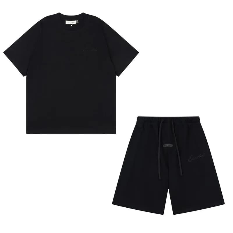 Fear of God Essentials Short Sleeve Tee & Shorts Set Black Embroidered Logo