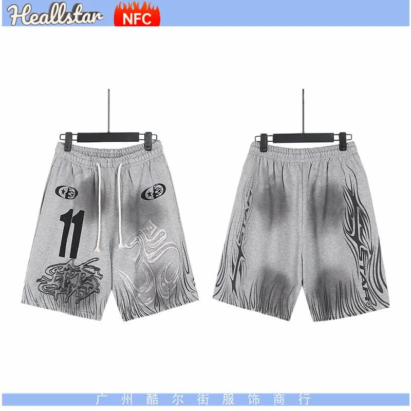 Hellstar Flame Print Shorts Black with Red Flames — 788洗水灰