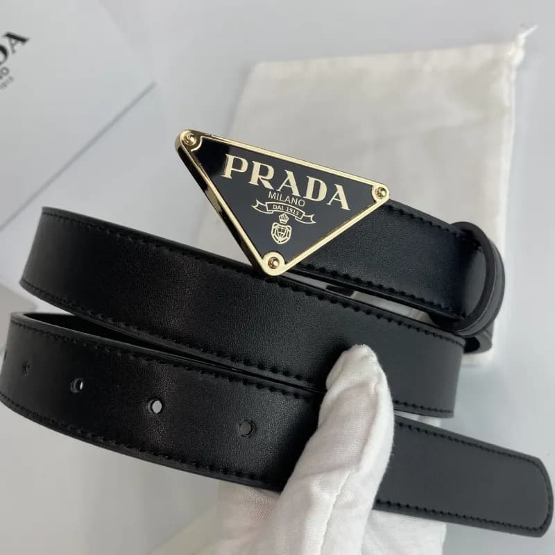 Prada Triangle Logo Belt Classic Triangular Buckle — P-shaped gold buckle with black background and black belt