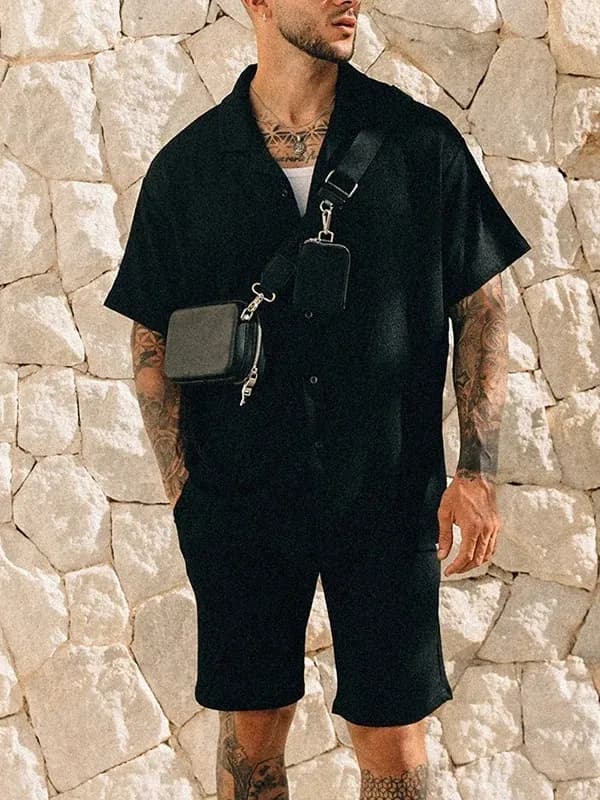 Short-Sleeve Shirt Crinkled Linen Blend — 黑色