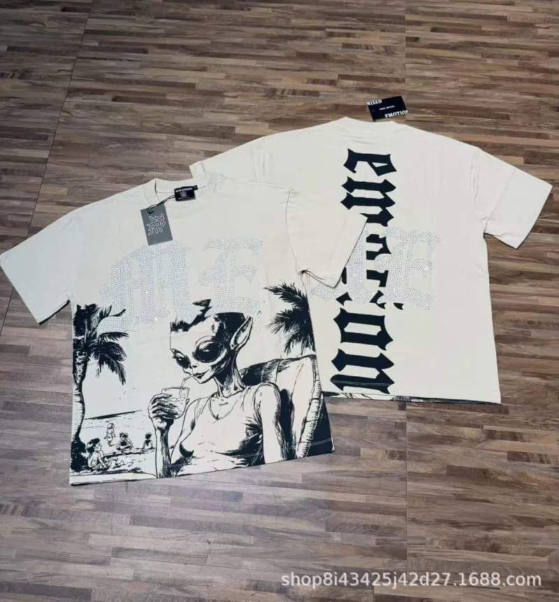 Mixed Emotion Graphic Tee Emotion Print with Rhinestones — 8115杏