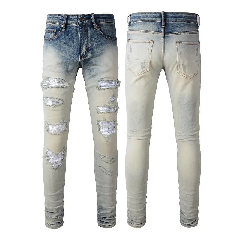 Distressed Skinny Jeans Fade Wash with Mesh Patch