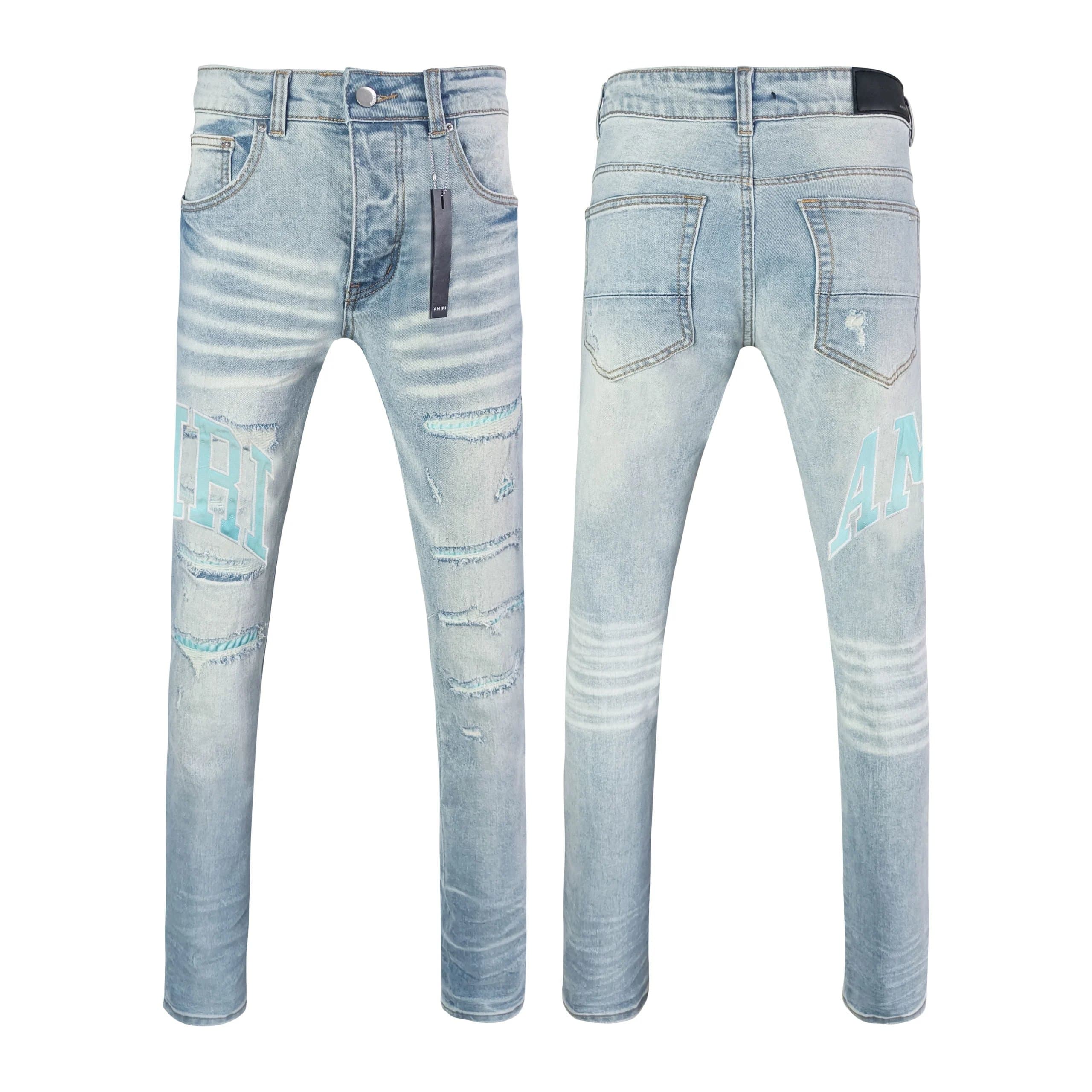 Amiri Distressed Slim Fit Jeans Logo Patch & Repair Stitching — WM155