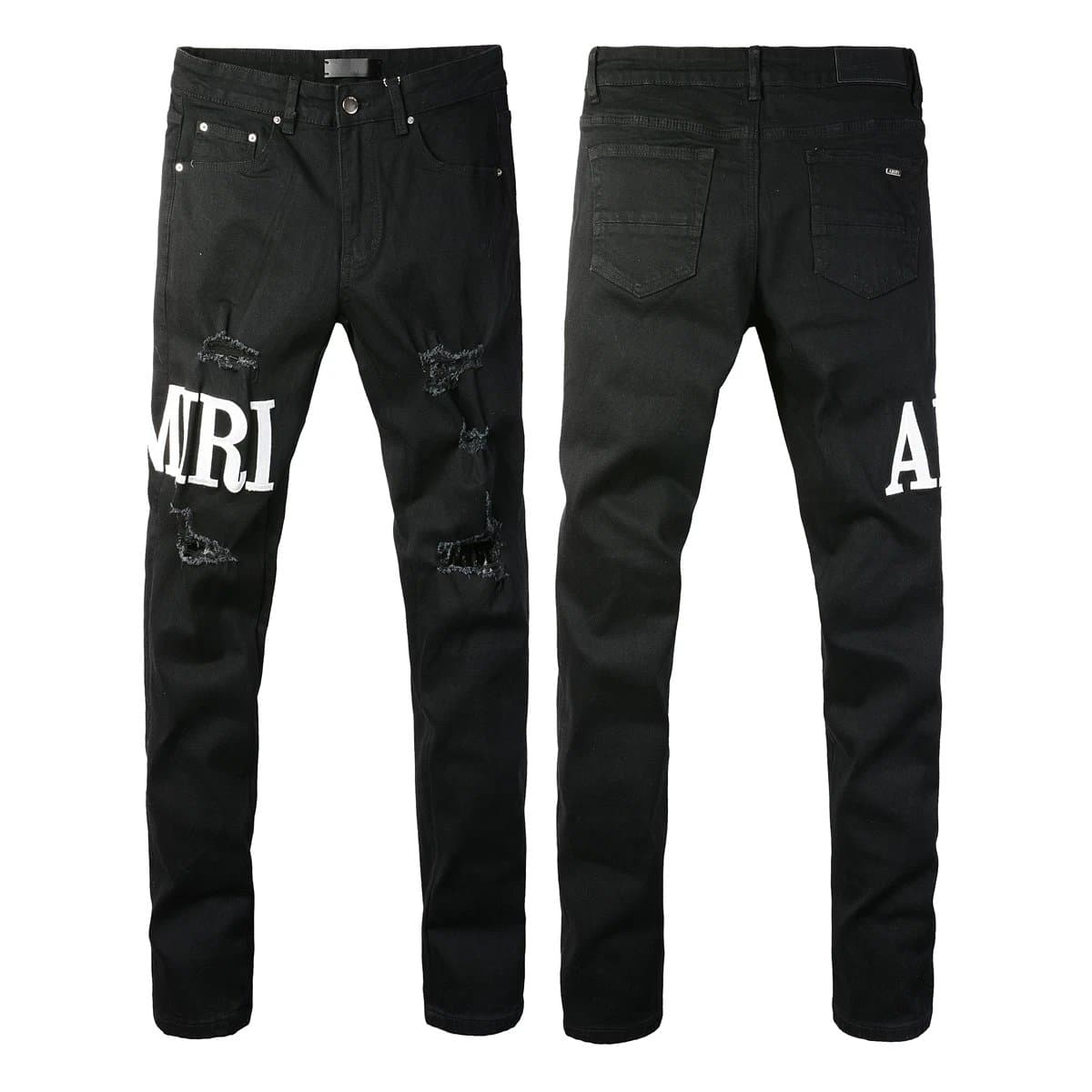 Amiri Distressed Slim Fit Jeans Logo Patch & Raw Repair — A52