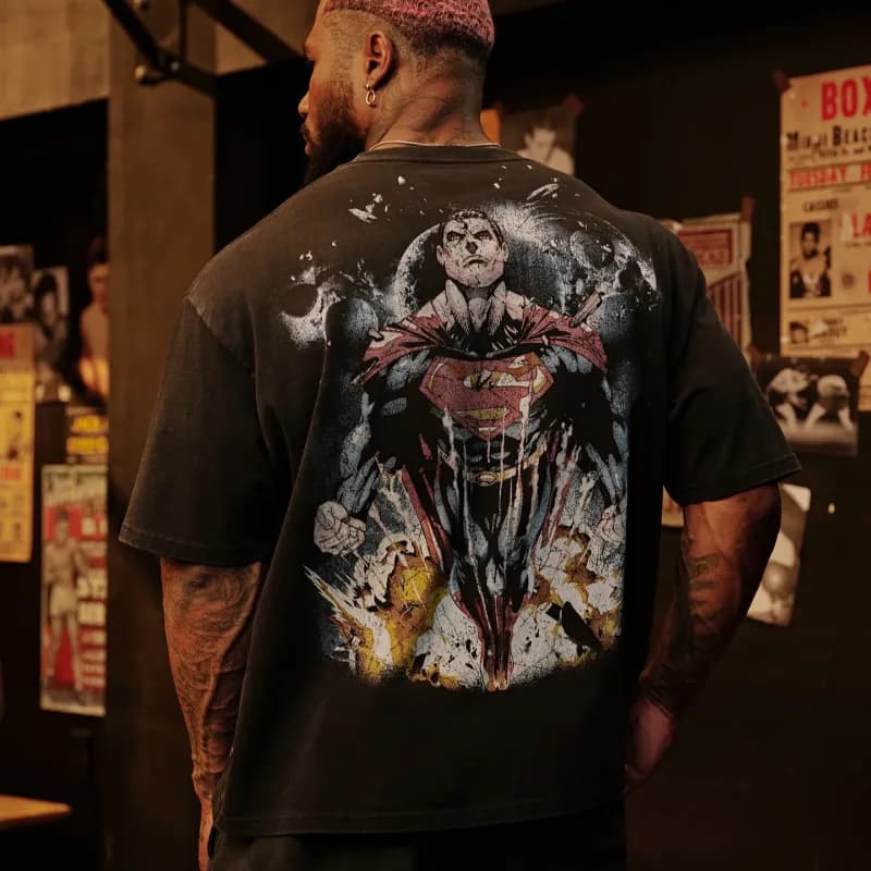 Marvel Superman Graphic Tee Distressed Hero Print — 240克重纯棉短袖T恤