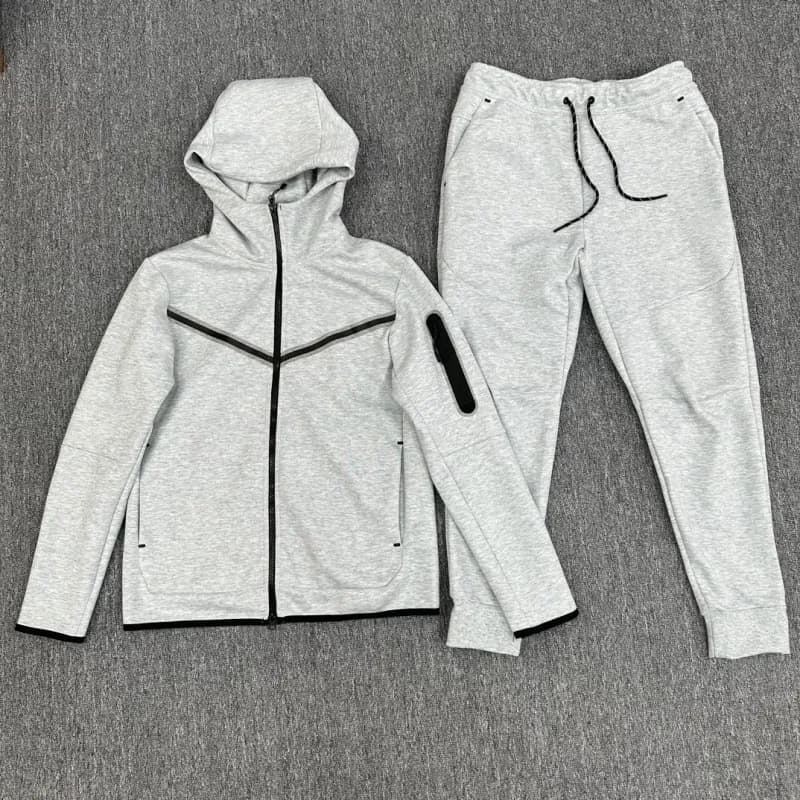 Nike Tech Fleece Hoodie and Joggers Black with White Reflective Tape — 浅灰（竖拉炼）套装suit
