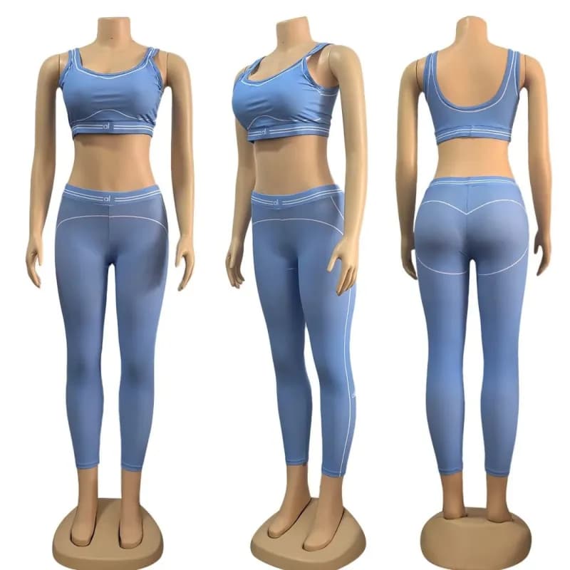 Lululemon Sports Bra and Leggings Set Light Blue with White Trim