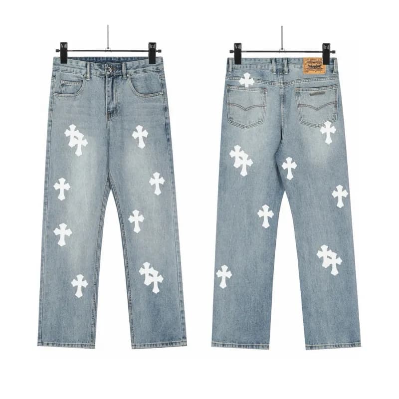 Chrome Hearts Cross Patch Jeans Black and Light Blue Cross Appliqué — KL8051