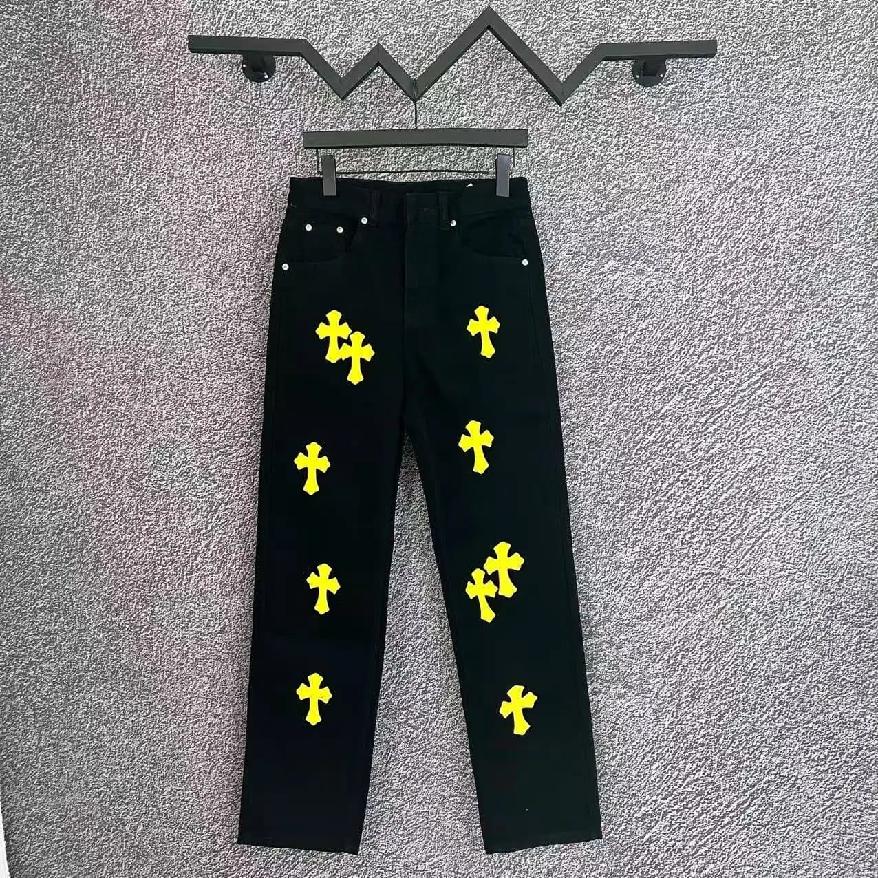 Chrome Hearts Cross Patch Jeans Yellow Cross Appliqué