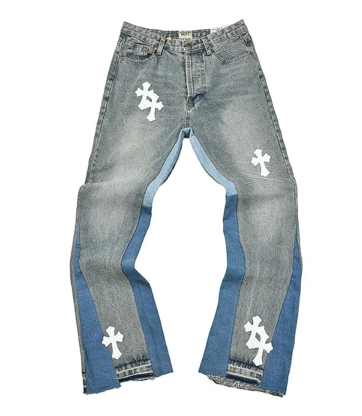 Chrome Hearts Cross Patch Jeans Distressed Denim with White Cross Patches