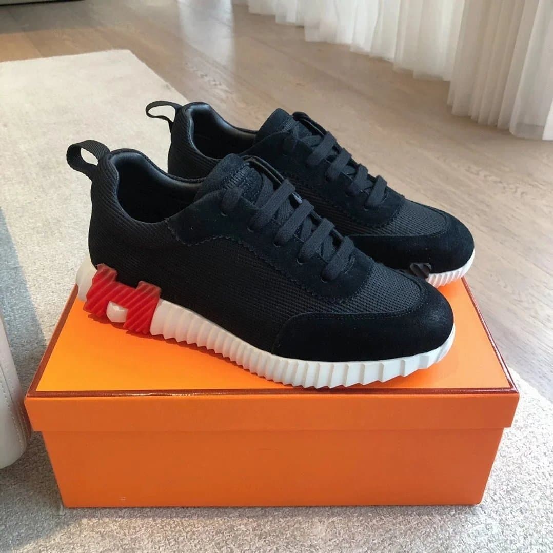 Hermès Oran Sneaker Black Suede and Mesh with Red Accents