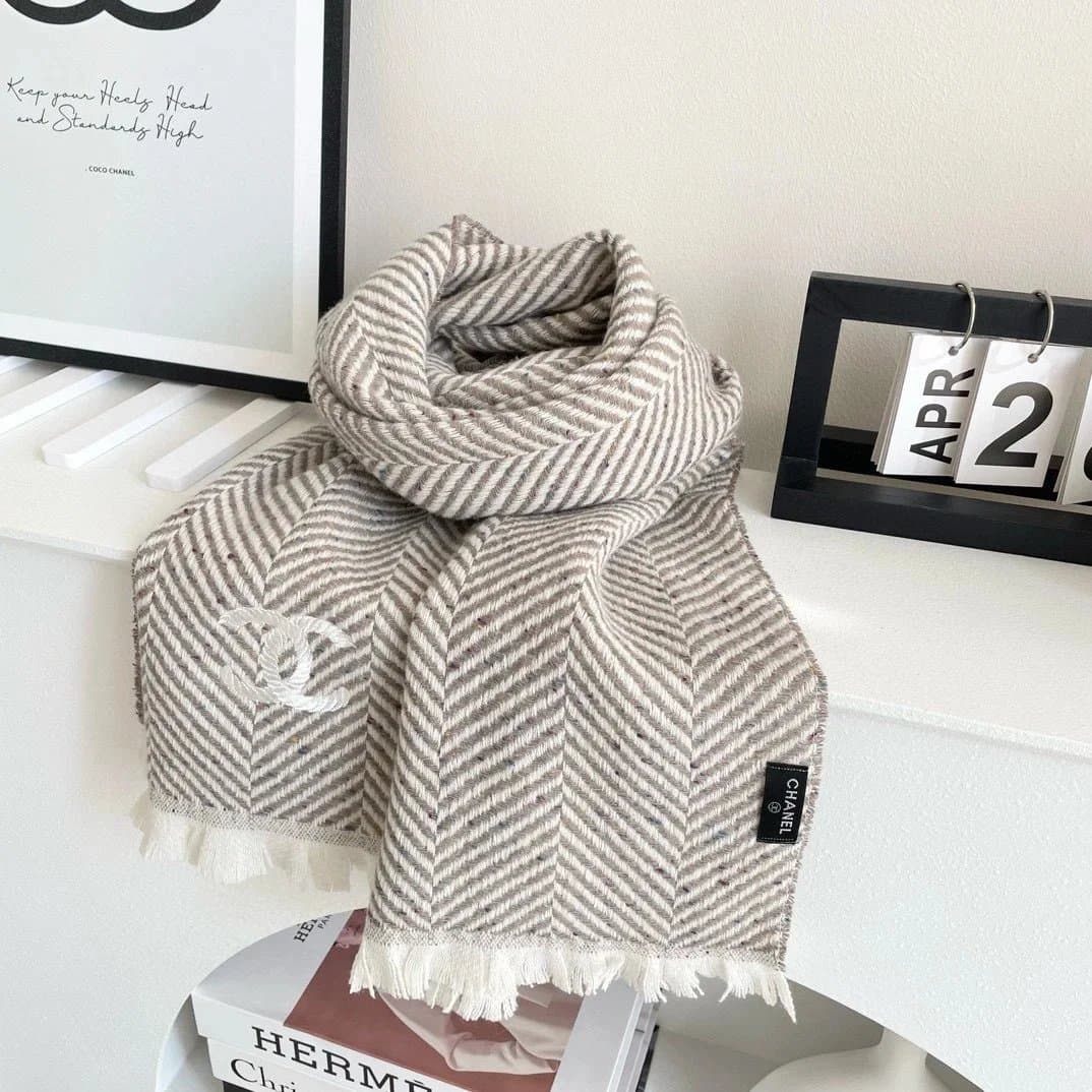 Chanel Wool Scarf Herringbone with CC Logo
