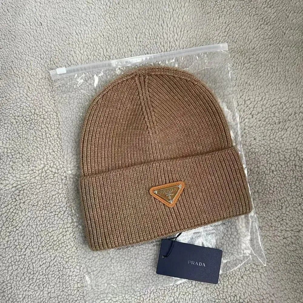 Prada Ribbed Beanie Metallic Triangle Logo — B19