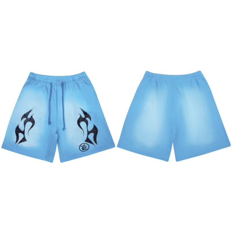 Sp5der Tribal Print Shorts Sky Blue with Black Flame Graphic