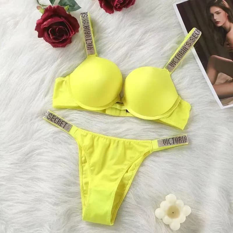 Bottega Veneta Push-Up Bra & Thong Set Crystal Logo Strap
