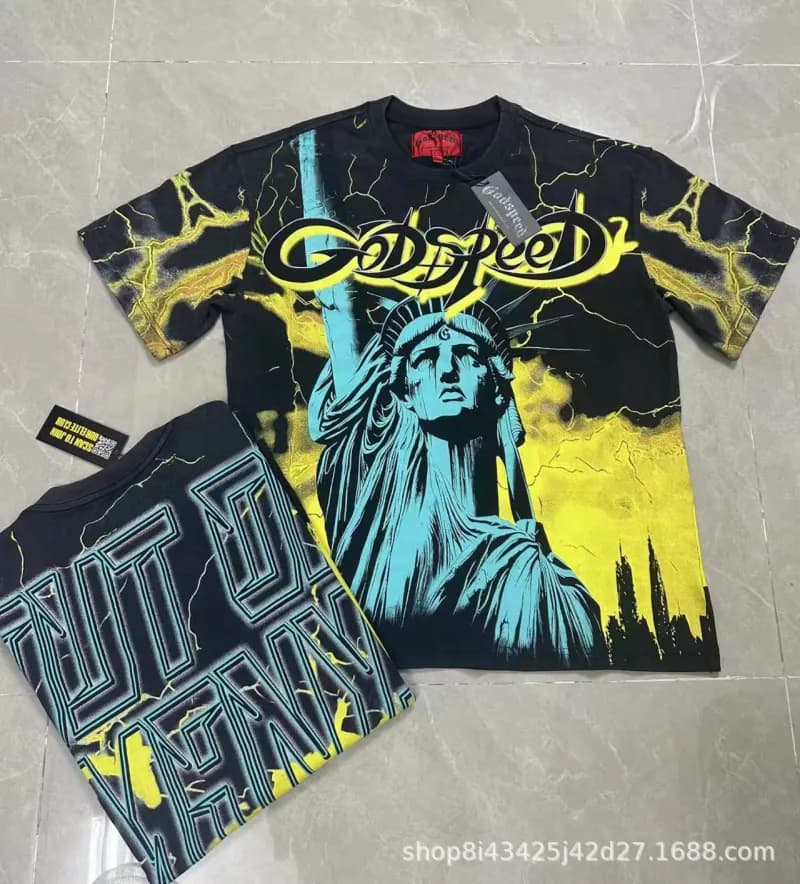 Godspeed Graphic T-Shirt Statue of Liberty Lightning