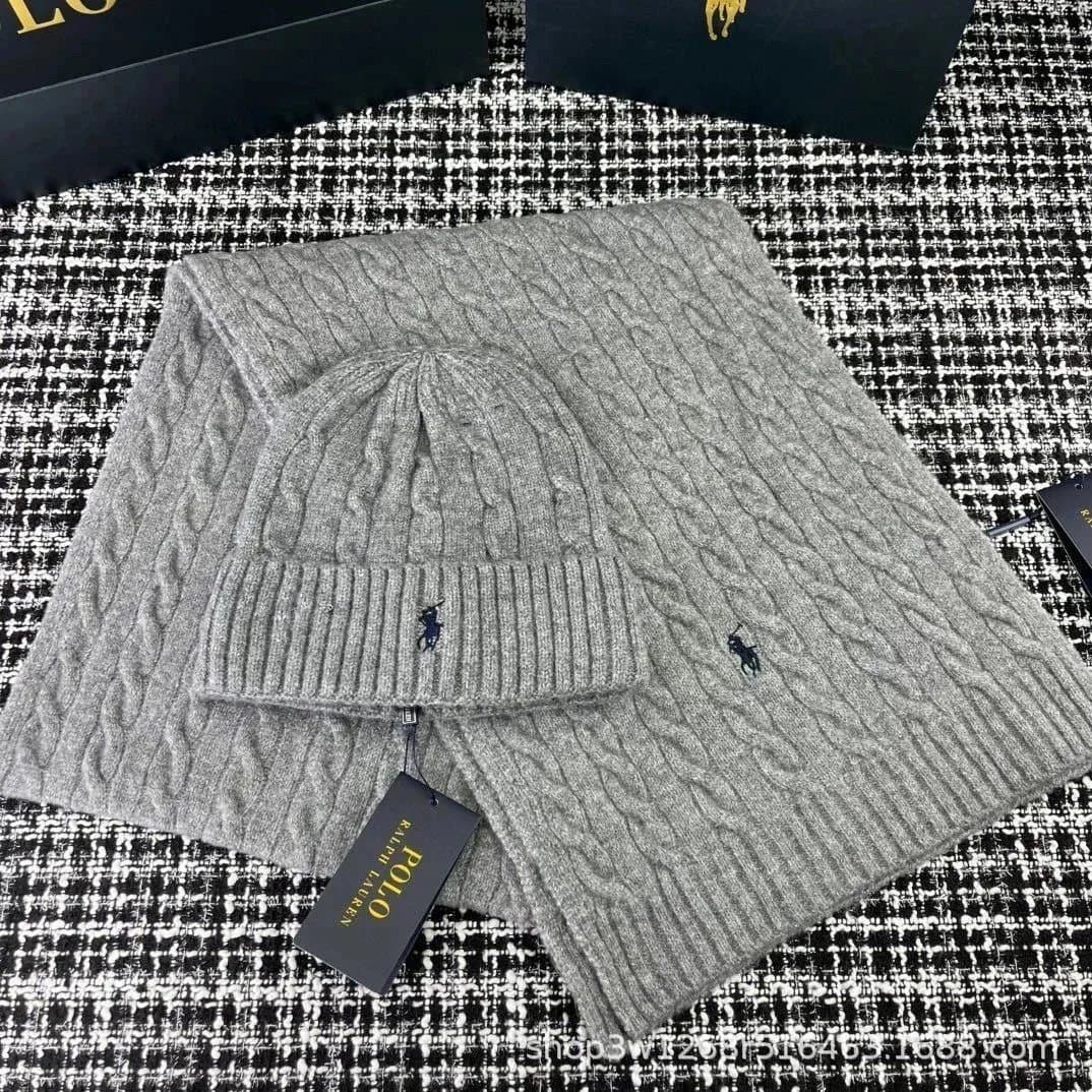 Polo Ralph Lauren Cable Knit Beanie & Scarf Set Heather Grey
