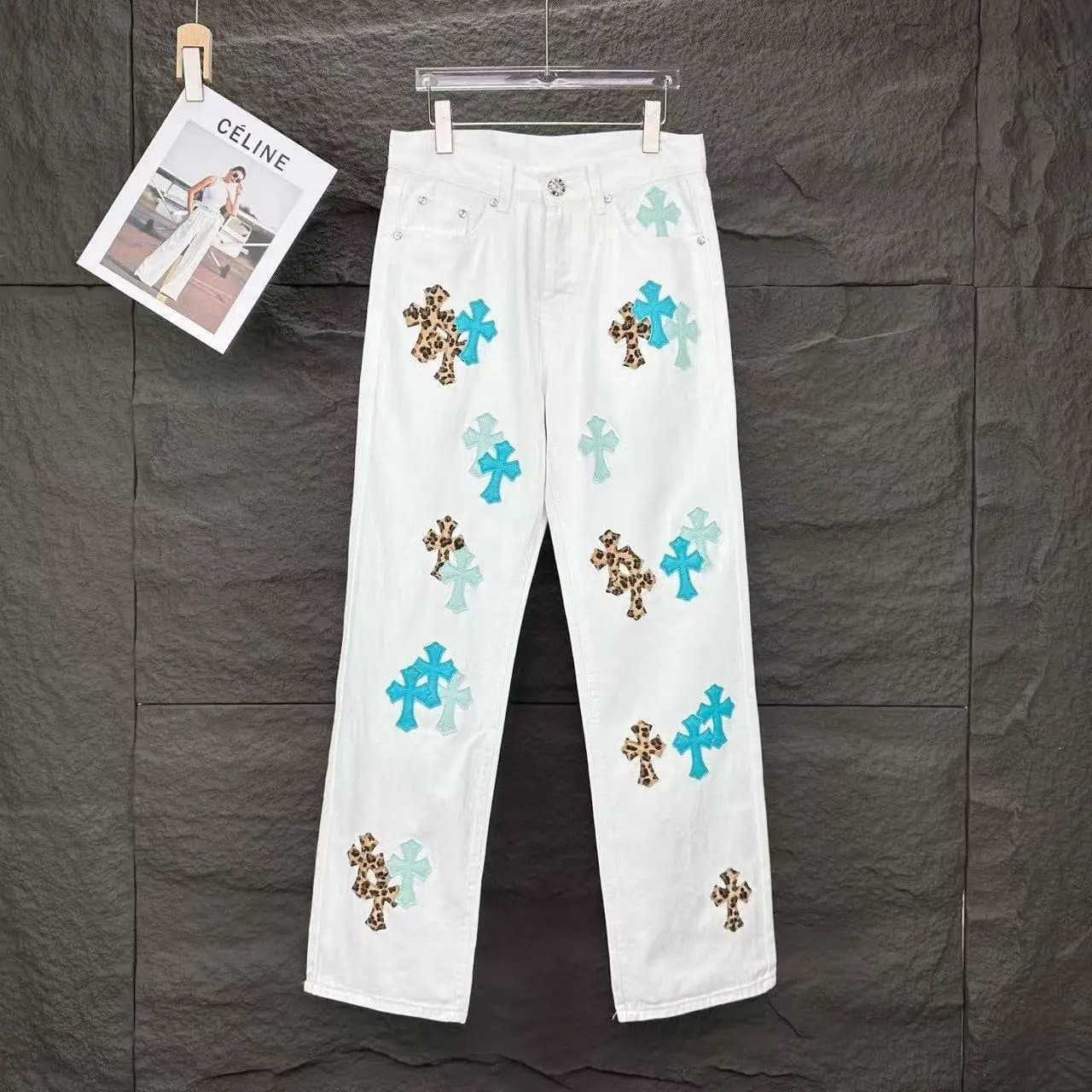 Chrome Hearts Cross Patch Jeans Leopard & Turquoise Cross Embroidery