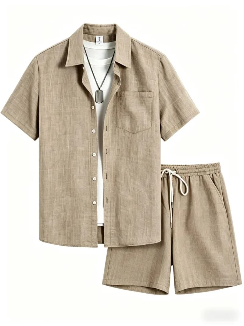 Short-Sleeve Shirt & Shorts Set Navy Linen-Blend — YNCD1264280000738