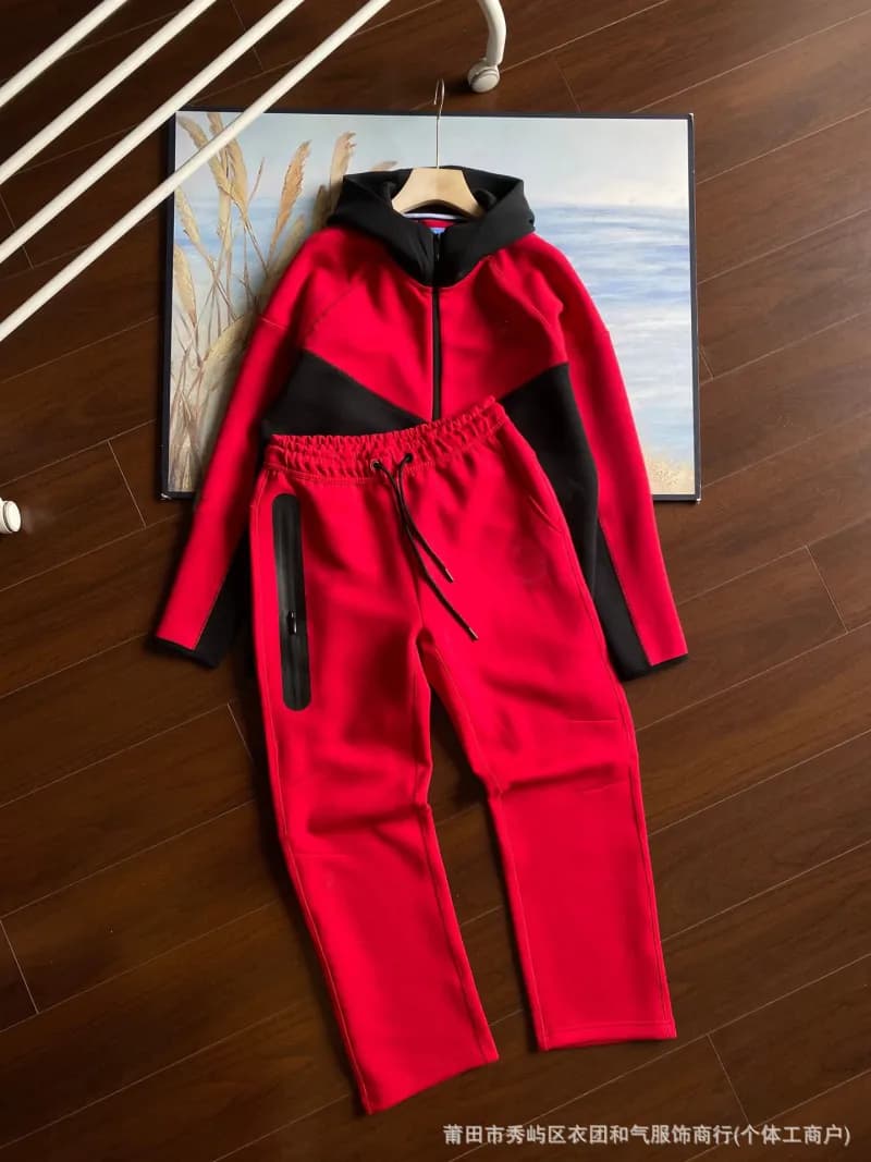 Nike Tech Fleece Hoodie and Joggers All Black — Black with red