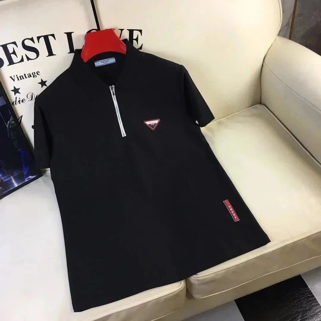 Prada Short-Sleeve Shirt Logo Pocket — 12黑色POLO