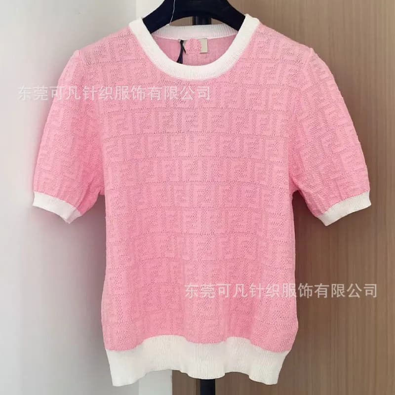 Fendi Knit Dress FF Logo Pattern — 粉色白边短袖