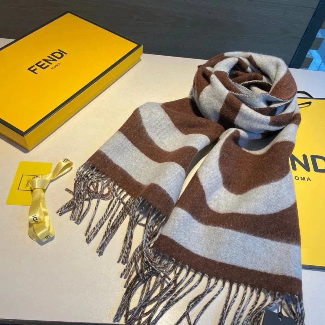 Fendi Zucca Scarf Brown and Beige Wave Pattern