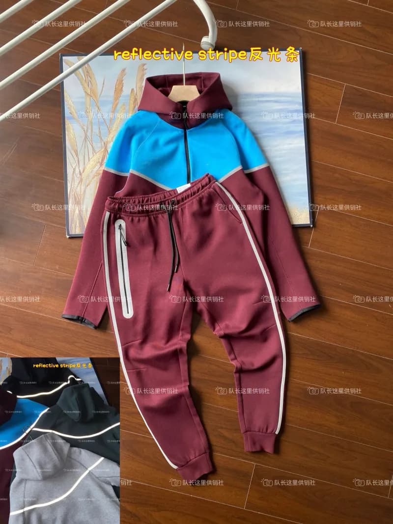 Nike Tech Fleece Hoodie and Joggers Black with White Reflective Tape — 反光酒红拼蓝套装