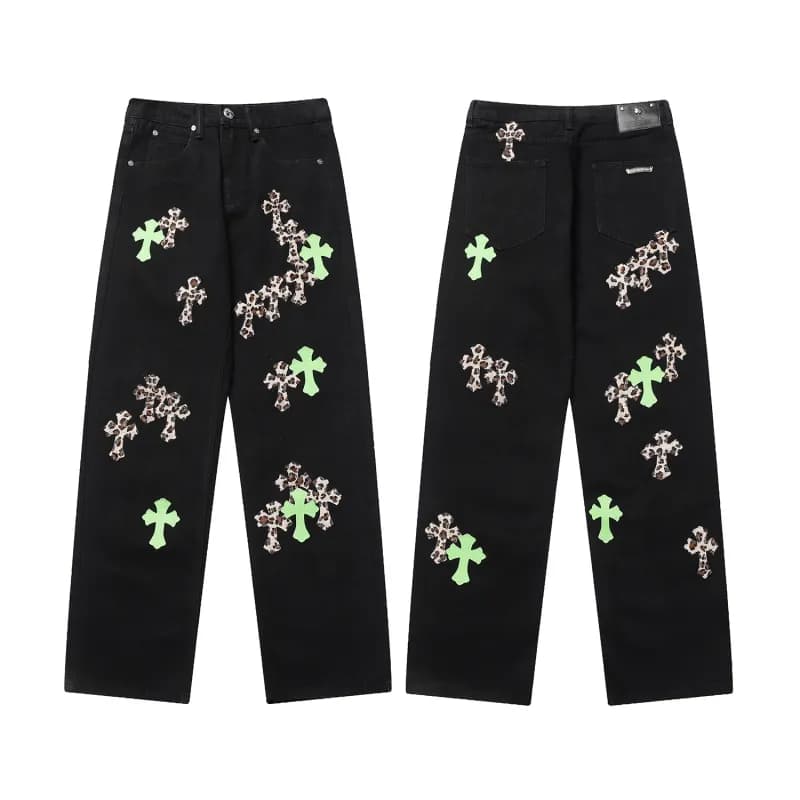 Chrome Hearts Cross Patch Jeans Black and Light Blue Cross Appliqué — OF9923