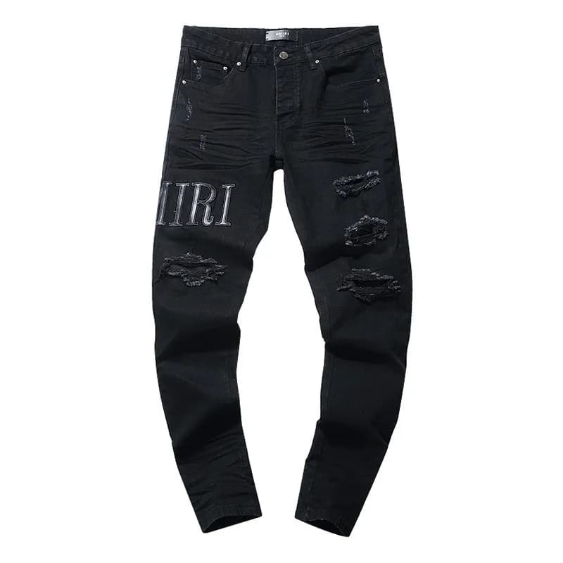 Distressed Patchwork Jeans Worn-in Wash with Contrast Patches — AM301