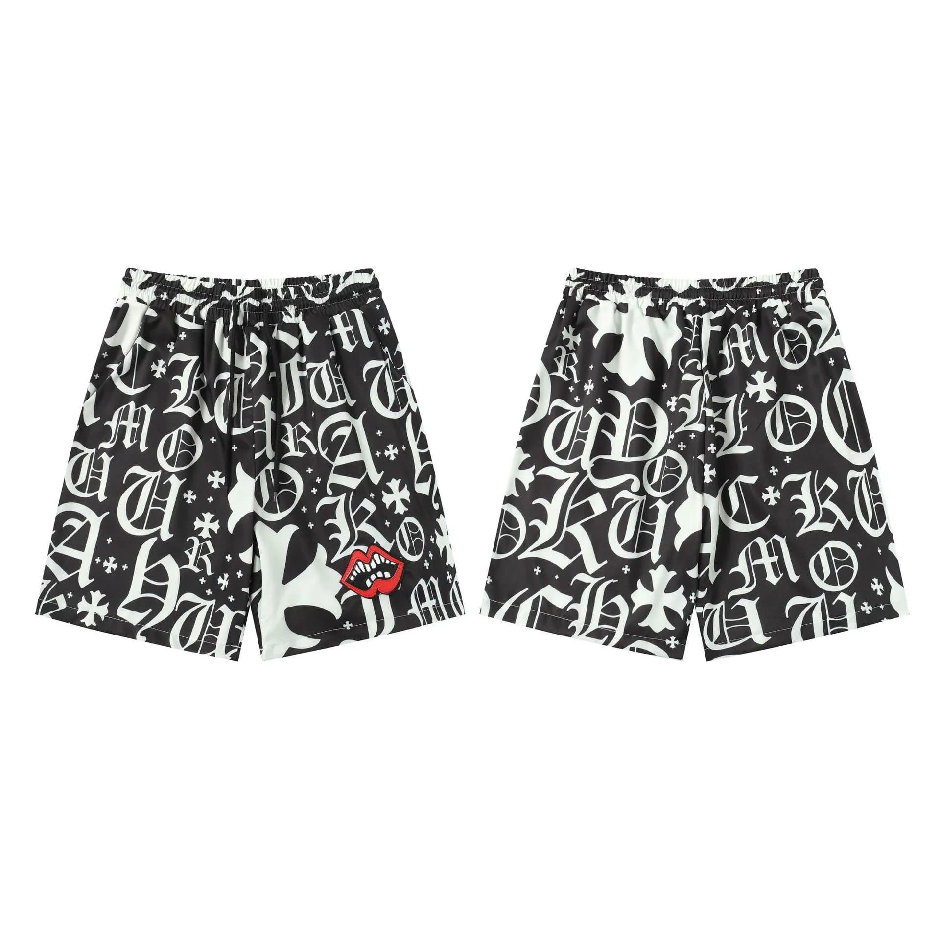 Chrome Hearts Printed Shorts Gothic Lettering with Red Lips Patch