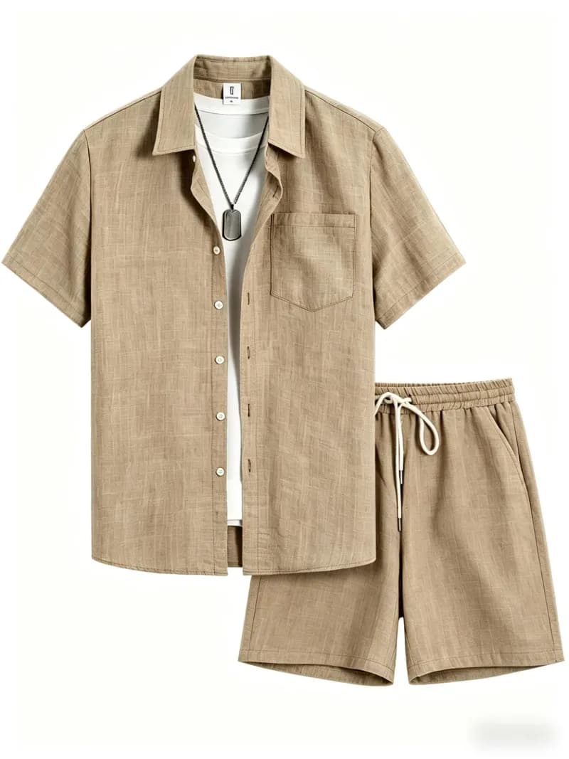 Short-Sleeve Shirt & Shorts Set Navy Linen-Blend — YNCD1264280000739
