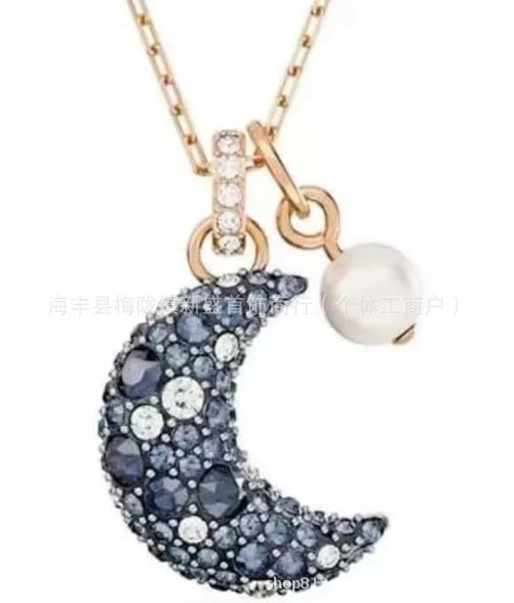 Swarovski Swan Pendant Crystal-Encrusted — Colored diamond pearl moon necklace