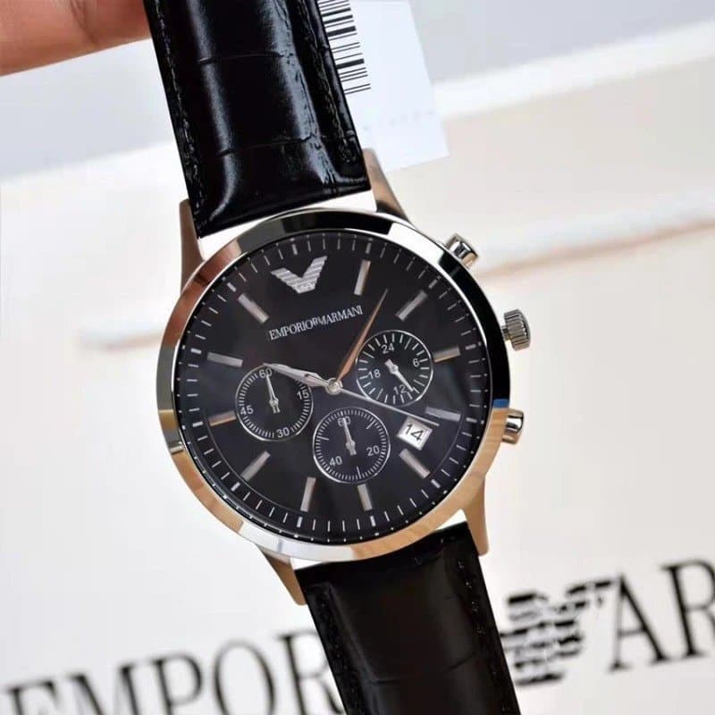 Emporio Armani Chronograph Watch Three-Subdial — 银黑皮带