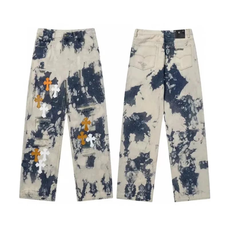 Chrome Hearts Distressed Jeans Bleach Wash with Cross Patches