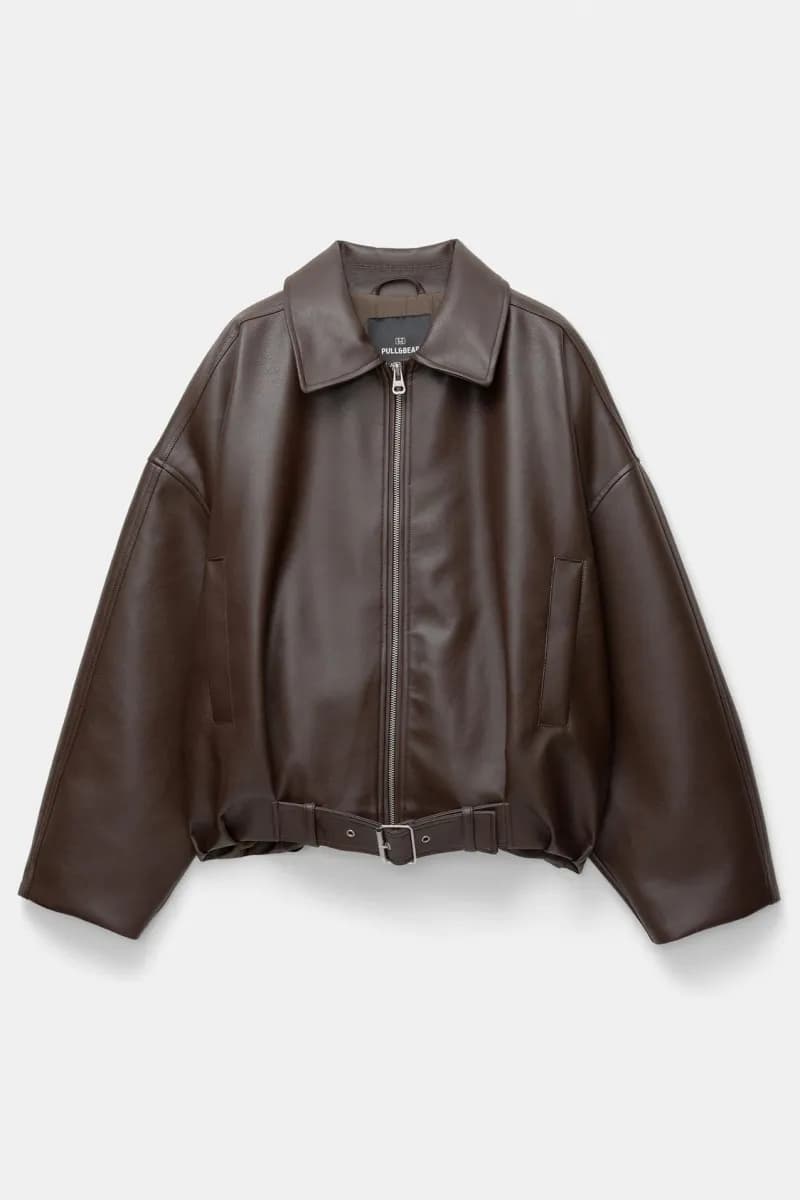 Leather Biker Jacket Oversized Belted