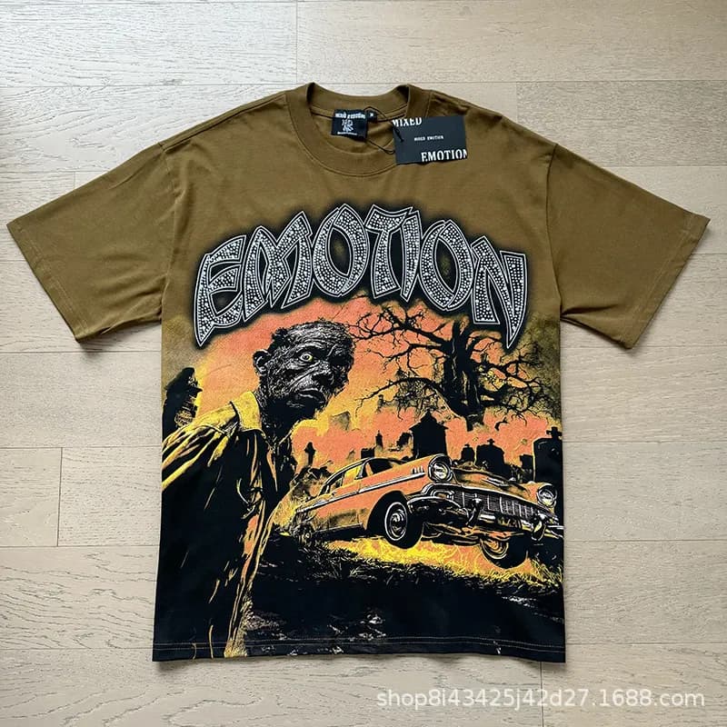 Mixed Emotion Graphic Tee Emotion Print with Rhinestones — 0080