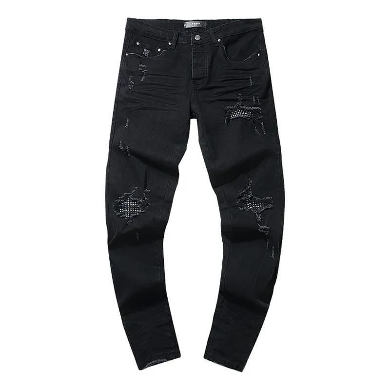 Distressed Patchwork Jeans Worn-in Wash with Contrast Patches — AM300