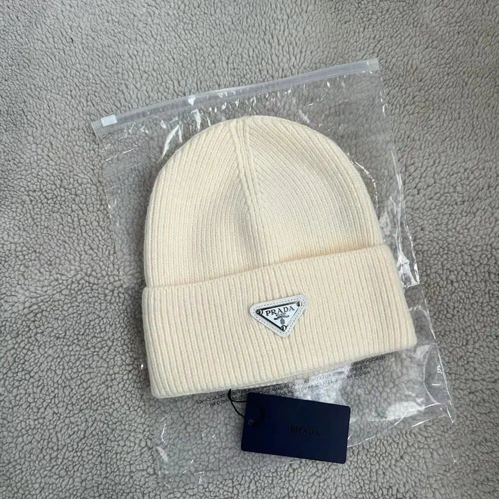 Prada Ribbed Beanie Metallic Triangle Logo — B13