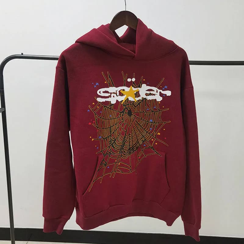 Sp5der Hoodie Spider Web Rhinestone — 酒红色