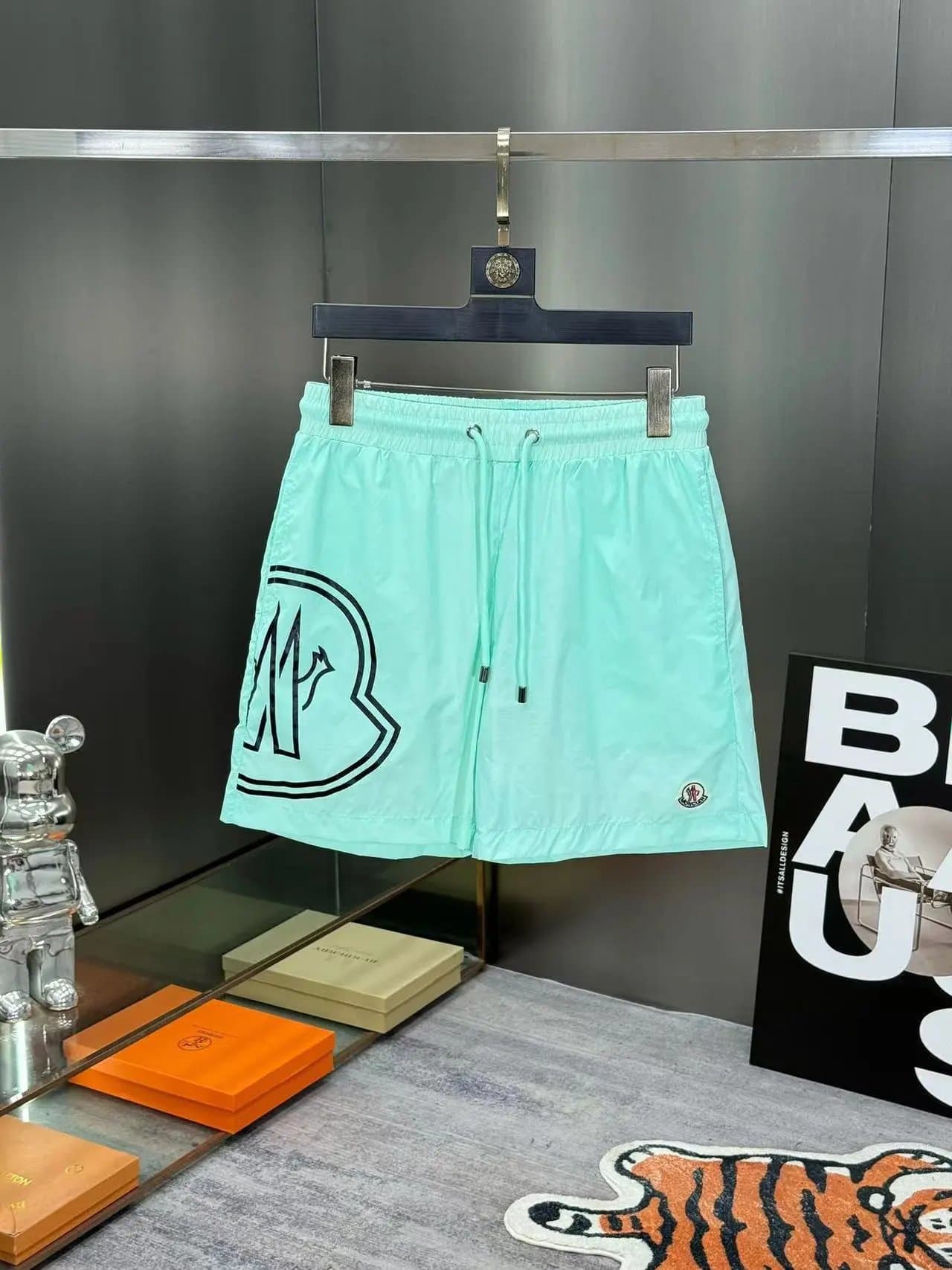 Moncler Logo Swim Shorts Mint Green with Black Logo
