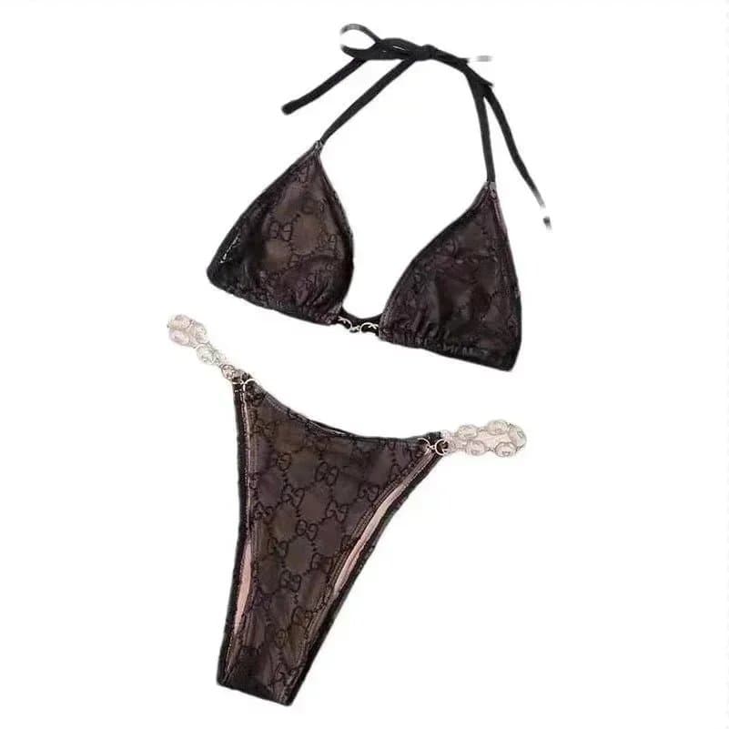 Gucci GG Marmont Bikini Set Monogram Lace with Pearl Chain
