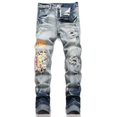 Distressed Patchwork Jeans Ripped with Graphic Patch