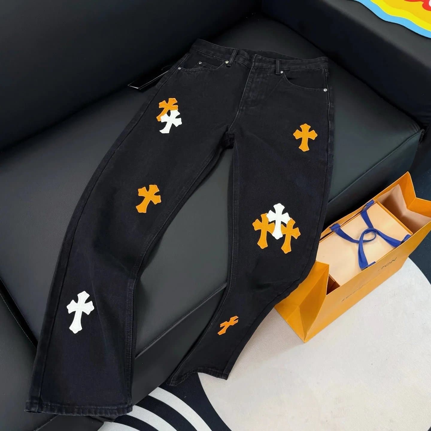 Chrome Hearts Cross Patch Jeans Orange and White Cross Appliqué