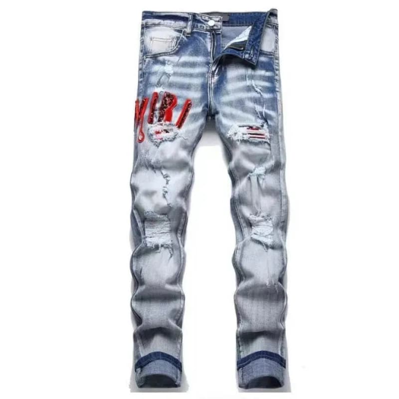Amiri Distressed Jeans Red Embroidered Logo