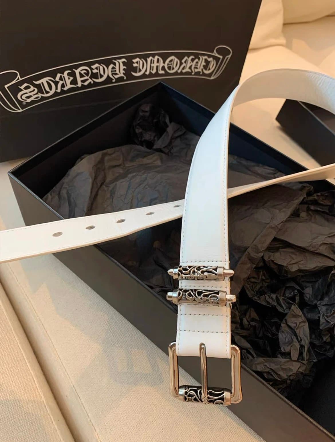 Chrome Hearts Double Buckle Belt White Leather with Silver Cross Motif