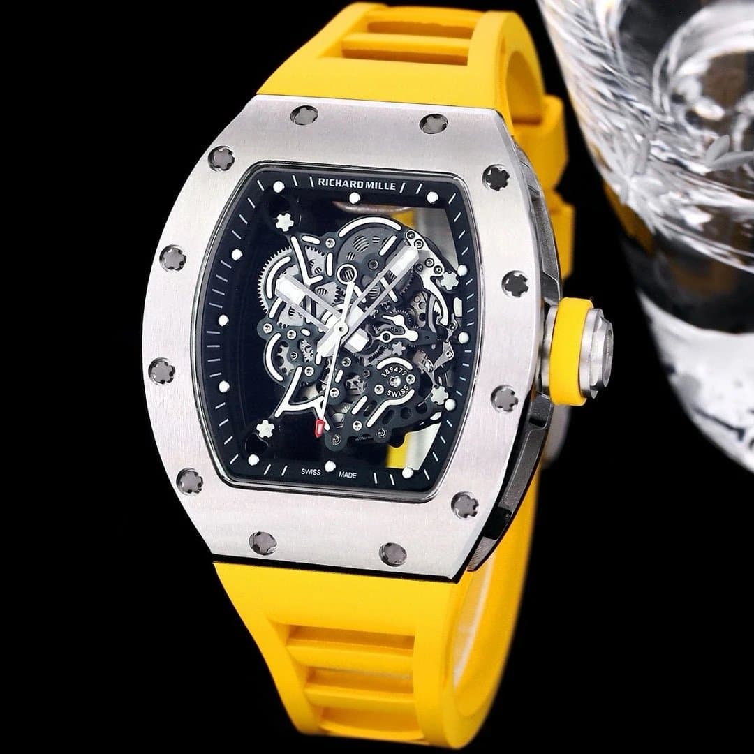 Richard Mille RM 011 Skeleton Dial — 银壳·黑盘黄色胶带